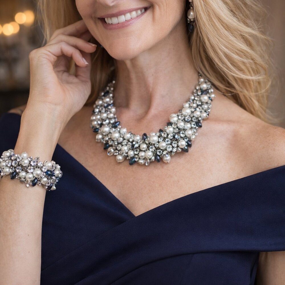 Statement Crystal & Pearl Choker Necklace with Matching Bracelet